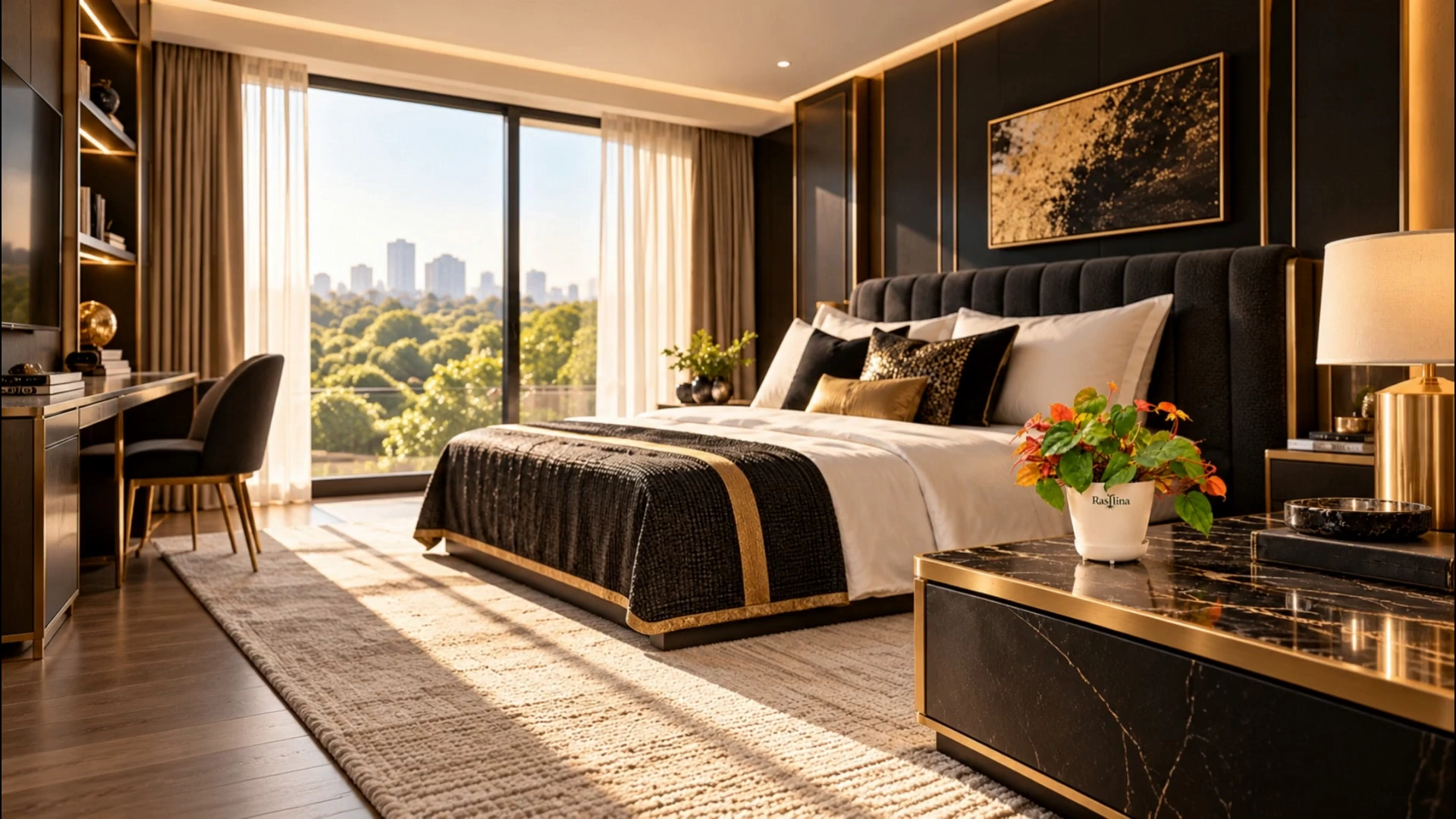 Black-and-gold bedroom with the Rastlina plant on its marble table