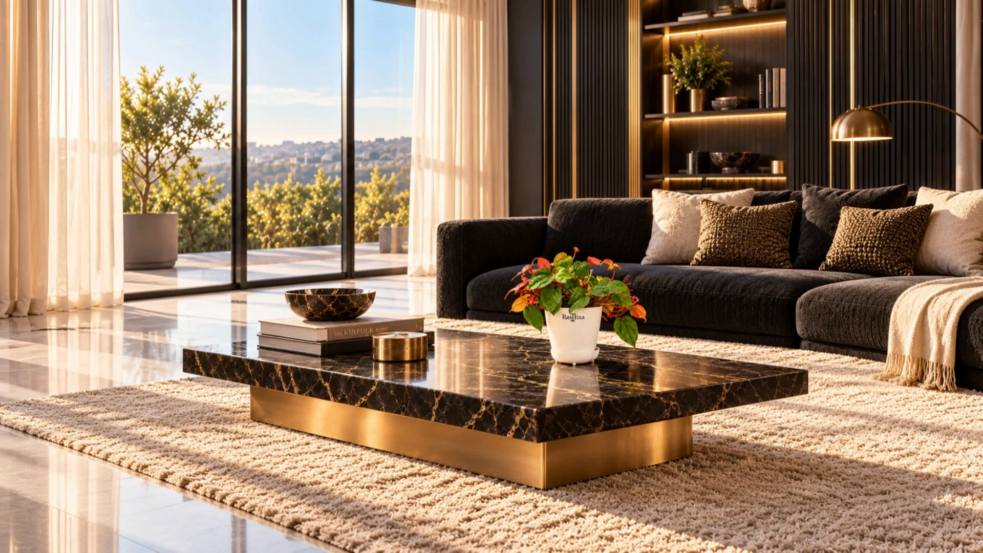 Black-and-gold living room with the Rastlina plant on a marble coffee table