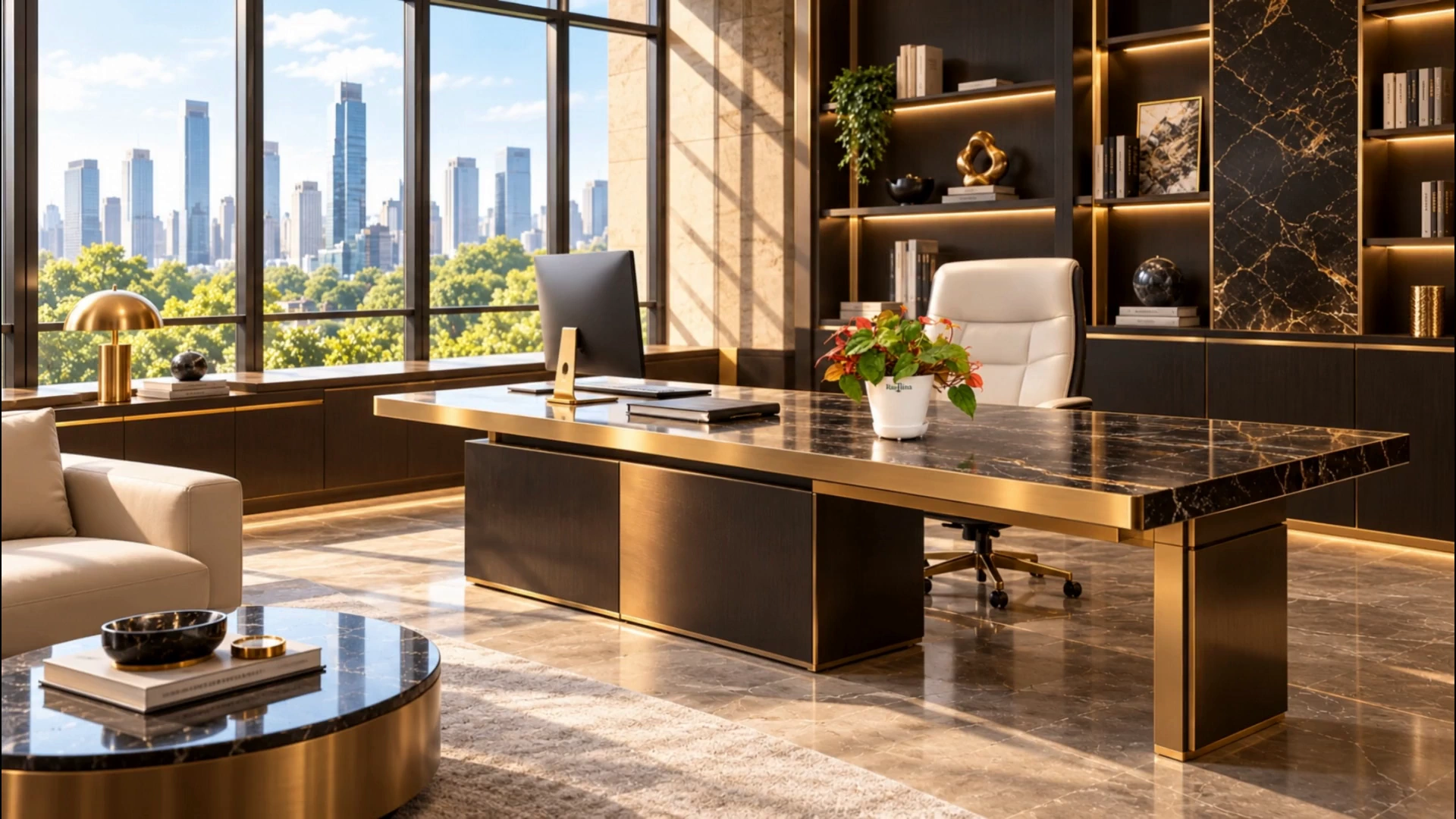 Black-and-gold office with the Rastlina plant on a marble desk